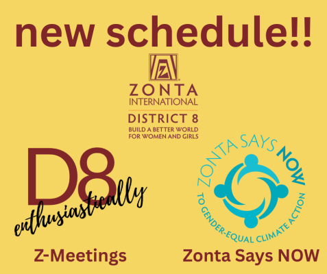 advertisement for a new time and date format for zonta district 8 z-meetings and climate club meetings